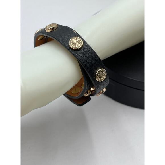 Tory Burch Designer Double Wrap Black Leather Gold Logo T Snap Bracelet - Picture 2 of 8